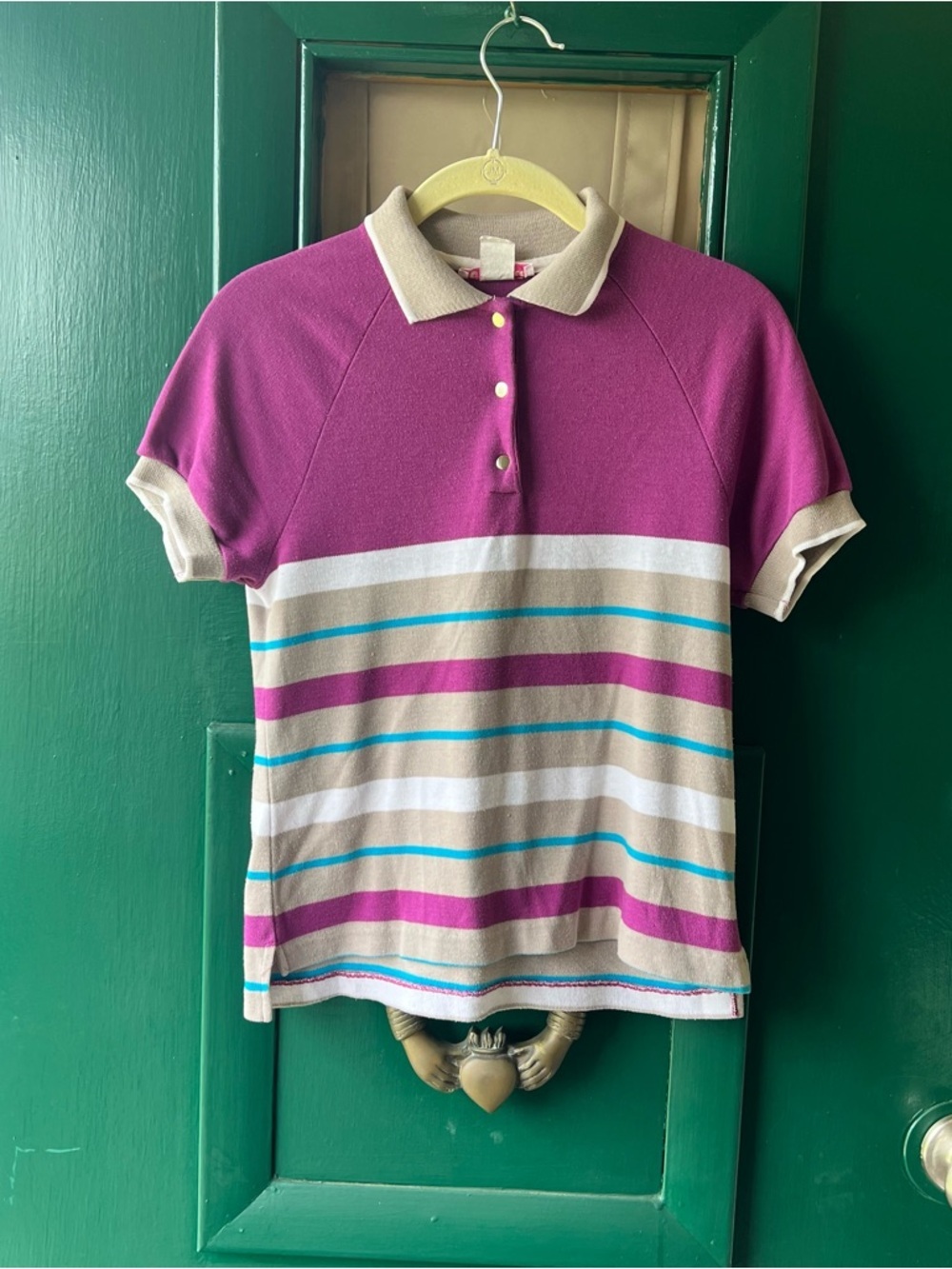 Girls' Short-Sleeve Striped Polo Shirt in Magenta and Beige